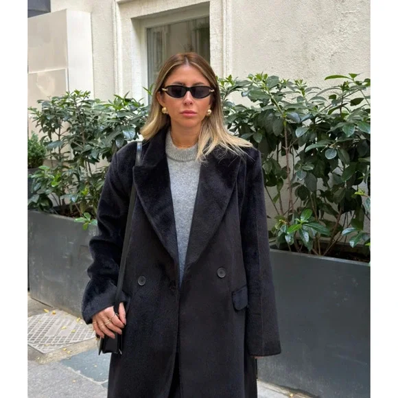 Black Faux Fur Coat Women Luxury Soft Jacket Elegant Plush Outerwear - Picture 3 of 10